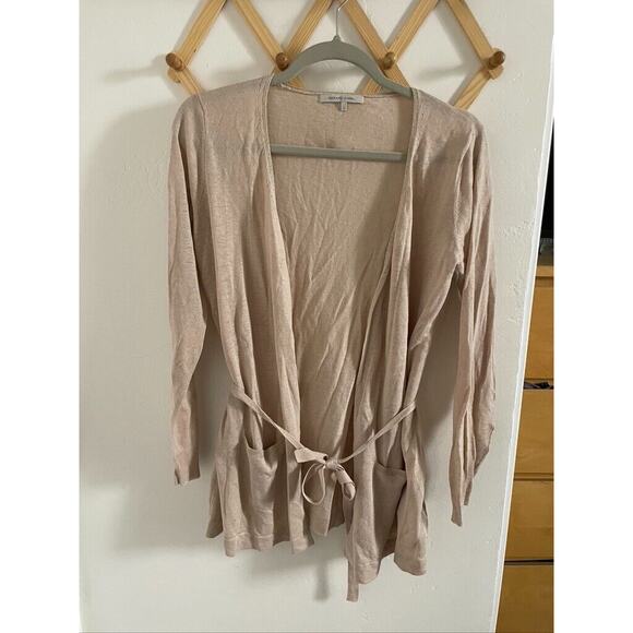Gerard Darel Sweater Women's Linen Silk Blend Cardigan Open Front Small Tan Belt - Picture 2 of 10